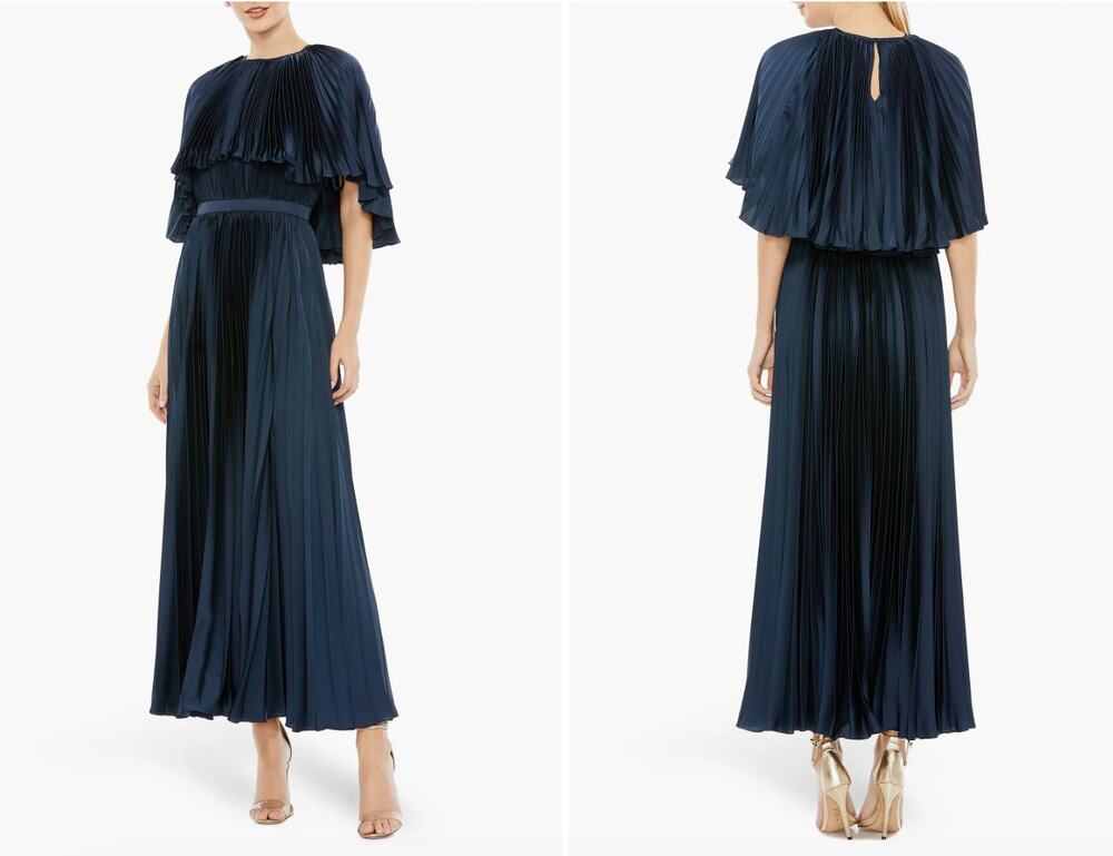 Mac Duggal Pleated Capelet Tea-Length Dress, Midnight Navy, Size 10 NWT